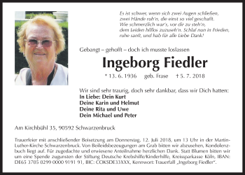 Traueranzeige von Ingeborg Fiedler von Der Bote