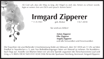 Traueranzeige von Irmgard Zipperer von Pegnitz-Zeitung