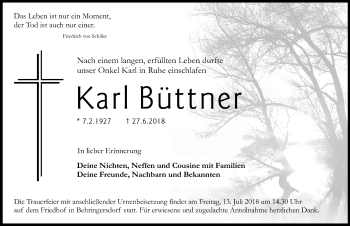 Traueranzeige von Karl Büttner von Pegnitz-Zeitung