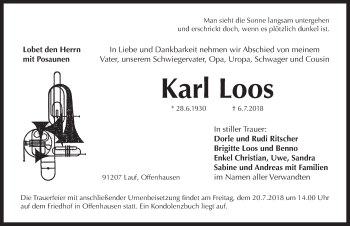 Traueranzeige von Karl Loos von Hersbrucker Zeitung
