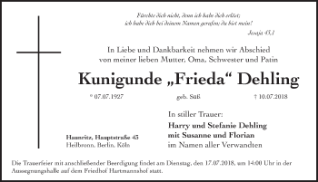 Traueranzeige von Kunigunde  Dehling von Hersbrucker Zeitung