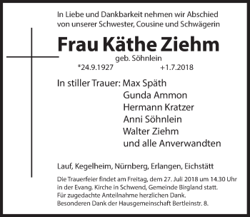 Traueranzeige von Käthe Ziehm von Hersbrucker Zeitung