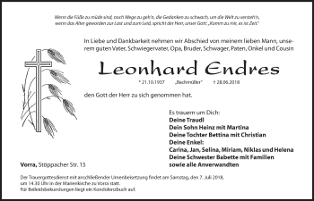 Traueranzeige von Leonhard Endres von Hersbrucker Zeitung