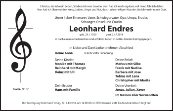 Traueranzeige von Leonhard Endres von Hersbrucker Zeitung