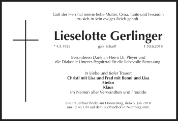 Traueranzeige von Lieselotte Gerlinger von Pegnitz-Zeitung