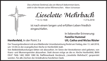 Traueranzeige von Lieselotte Mehrbach von Hersbrucker Zeitung