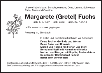 Traueranzeige von Margarete Gretel Fuchs 
