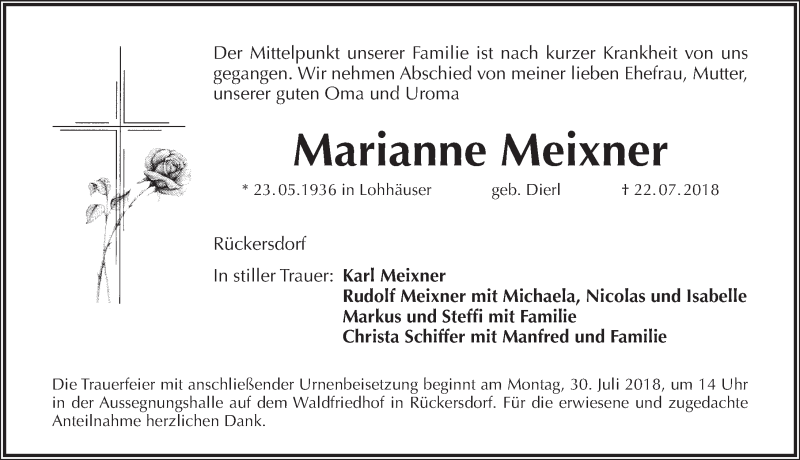  Traueranzeige für Marianne Meixner vom 28.07.2018 aus Pegnitz-Zeitung
