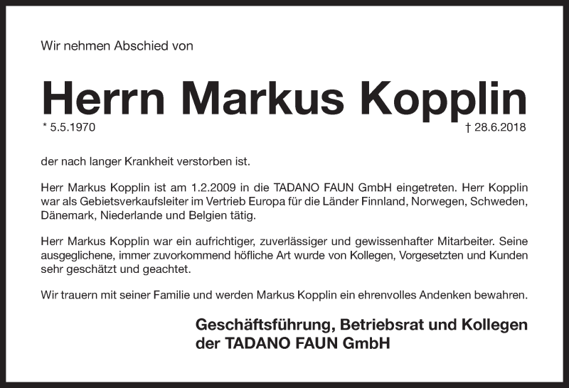  Traueranzeige für Markus Kopplin vom 07.07.2018 aus Pegnitz-Zeitung
