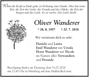 Traueranzeige von Oliver Wanderer von Der Bote