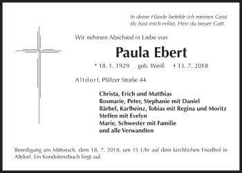 Traueranzeige von Paula Ebert von Der Bote