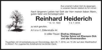 Traueranzeige von Reinhard Heiderich von Der Bote