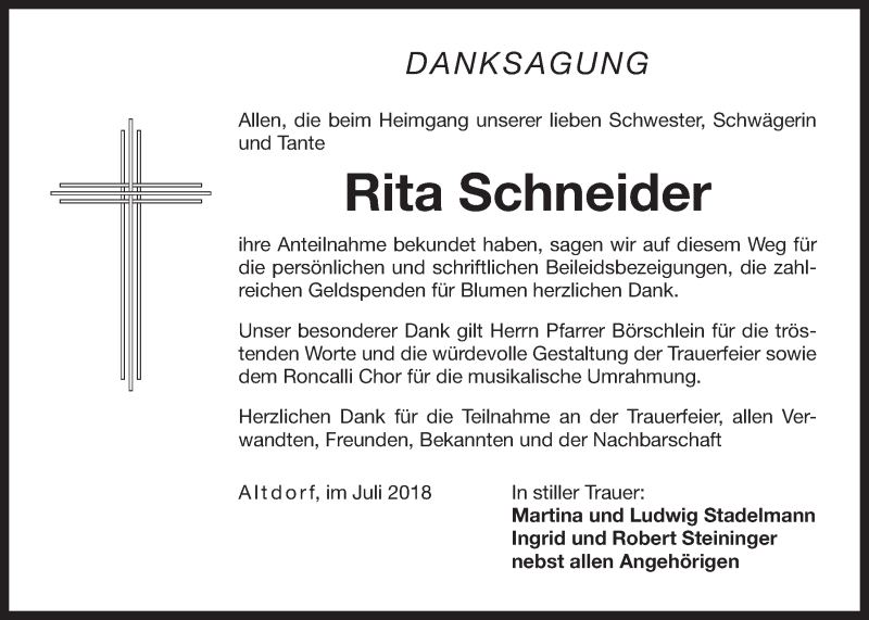  Traueranzeige für Rita Schneider vom 14.07.2018 aus Der Bote