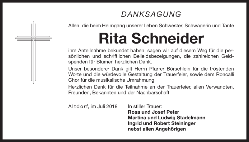  Traueranzeige für Rita Schneider vom 16.07.2018 aus Der Bote