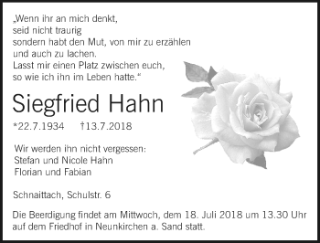 Traueranzeige von Siegfried Hahn von Pegnitz-Zeitung