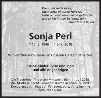 Traueranzeige von Sonja Perl von Der Bote