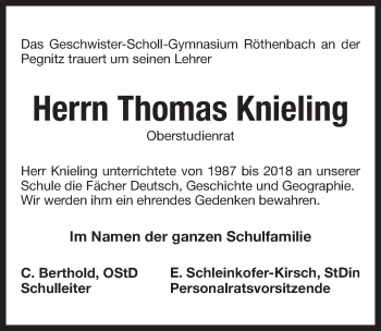 Traueranzeige von Thomas Knieling von Pegnitz-Zeitung