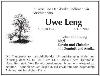 Traueranzeige von Uwe Leng von Pegnitz-Zeitung