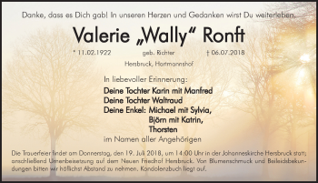 Traueranzeige von Valerie Ronft von Hersbrucker Zeitung