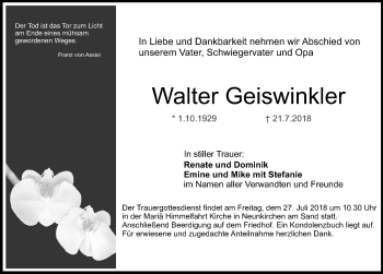 Traueranzeige von Walter Geiswinkler von Pegnitz-Zeitung