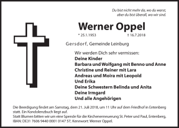 Traueranzeige von Werner Oppel von Pegnitz-Zeitung