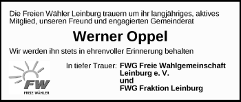 Traueranzeige von Werner Oppel von Pegnitz-Zeitung