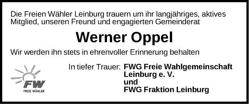  Traueranzeige für Werner Oppel vom 21.07.2018 aus Der Bote