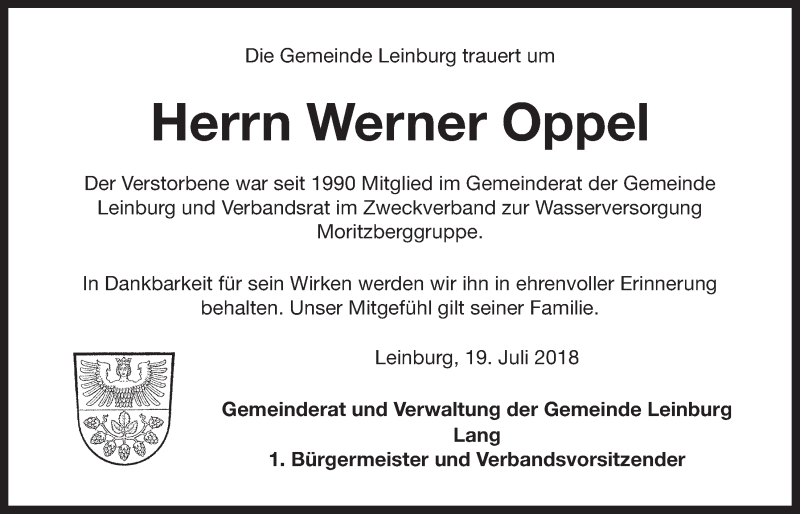  Traueranzeige für Werner Oppel vom 20.07.2018 aus Der Bote