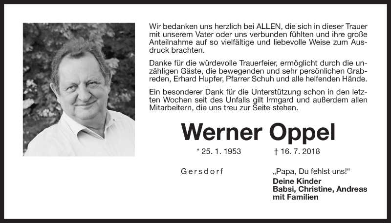  Traueranzeige für Werner Oppel vom 28.07.2018 aus Der Bote