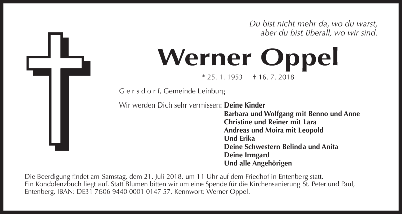  Traueranzeige für Werner Oppel vom 19.07.2018 aus Der Bote