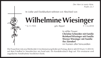 Traueranzeige von Wilhelmine Wiesinger von Pegnitz-Zeitung