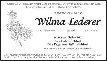 Traueranzeige von Wilma Lederer von Pegnitz-Zeitung
