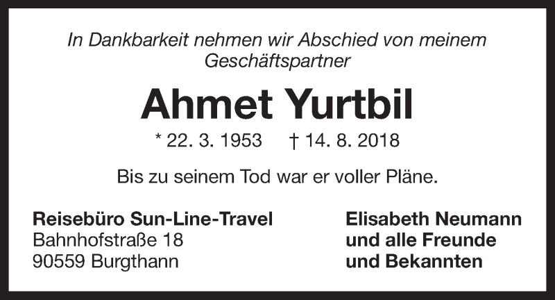  Traueranzeige für Ahmet Yurtbil vom 25.08.2018 aus Der Bote