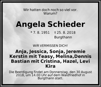 Traueranzeige von Angela Schieder von Der Bote
