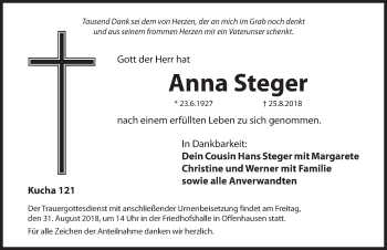 Traueranzeige von Anna Steger von Hersbrucker Zeitung