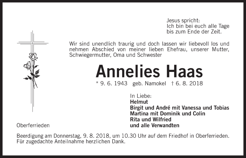  Traueranzeige für Annelies Haas vom 07.08.2018 aus Der Bote
