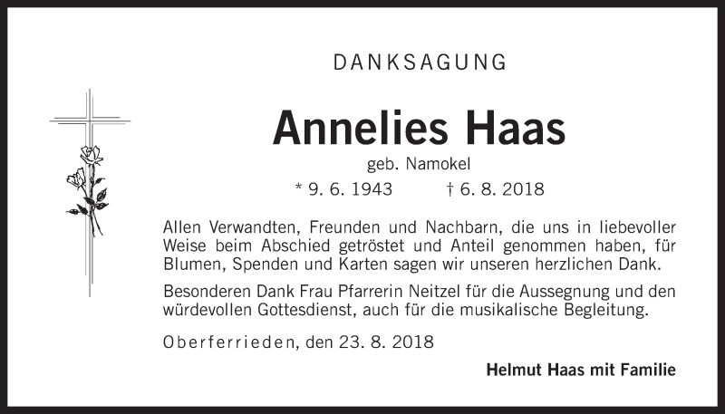  Traueranzeige für Annelies Haas vom 23.08.2018 aus Der Bote