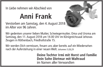 Traueranzeige von Anni Frank von Pegnitz-Zeitung