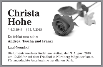 Traueranzeige von Christa Hohe von Pegnitz-Zeitung