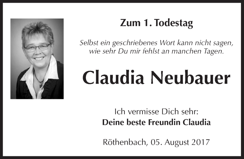  Traueranzeige für Claudia Neubauer vom 04.08.2018 aus Pegnitz-Zeitung