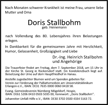 Traueranzeige von Doris Stallbohm von Pegnitz-Zeitung