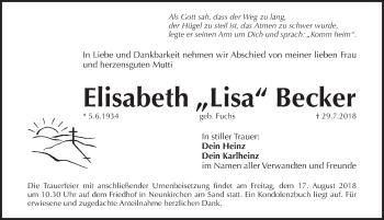Traueranzeige von Elisabeth Becker von Pegnitz-Zeitung