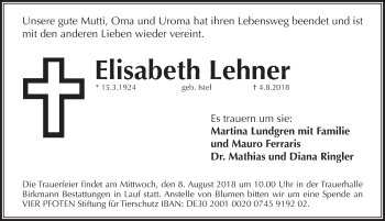 Traueranzeige von Elisabeth Lehner von Pegnitz-Zeitung