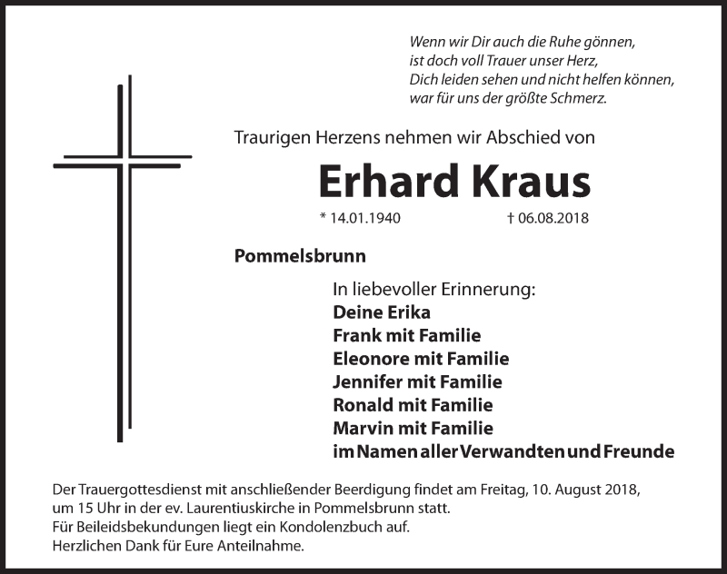  Traueranzeige für Erhard Kraus vom 08.08.2018 aus Hersbrucker Zeitung