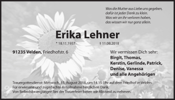 Traueranzeige von Erika Lehner von Hersbrucker Zeitung