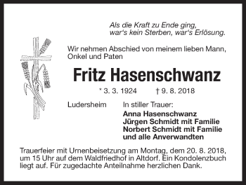 Traueranzeige von Fritz Hasenschwanz von Der Bote