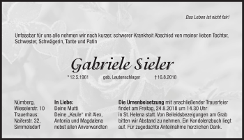 Traueranzeige von Gabriele Sieler von Pegnitz-Zeitung