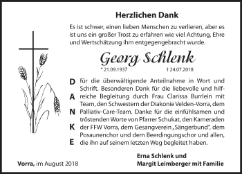 Traueranzeige von Georg Schlenk von Hersbrucker Zeitung