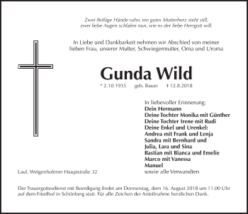 Traueranzeige von Gunda Wild von Hersbrucker Zeitung