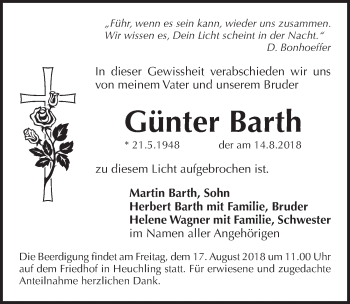 Traueranzeige von Günter Barth von Pegnitz-Zeitung